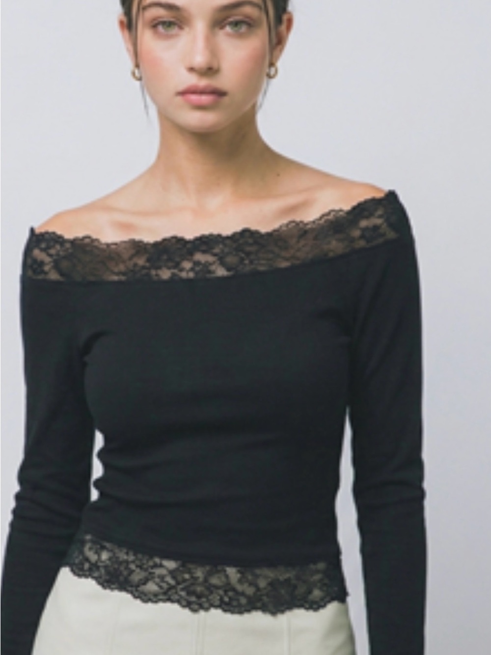 Black Lace-Trim Long Sleeve Ribbed Top - Women